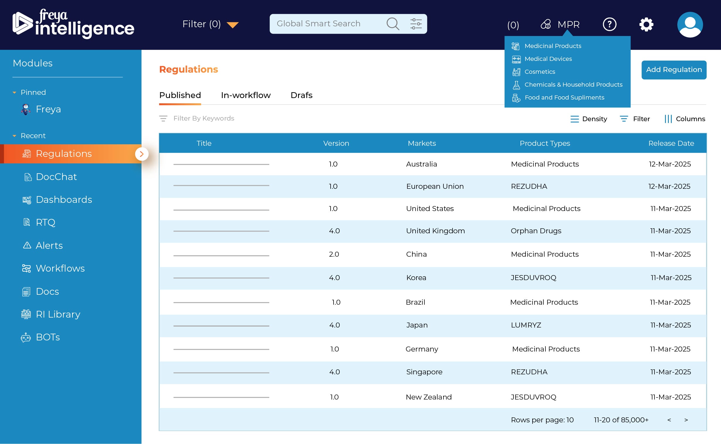 Freya.Regulations feature in Freya.intelligence tool